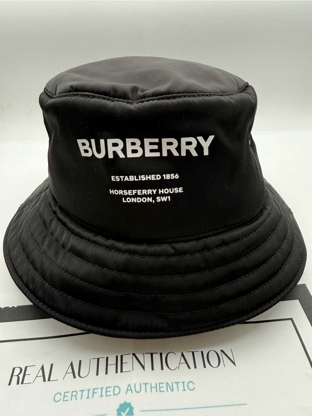 Burberry Black Logo Bucket Hat with White Lettering NWOT